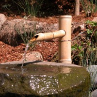 Photo Thumbnail #8: Bamboo spigot spills water into carved stone...