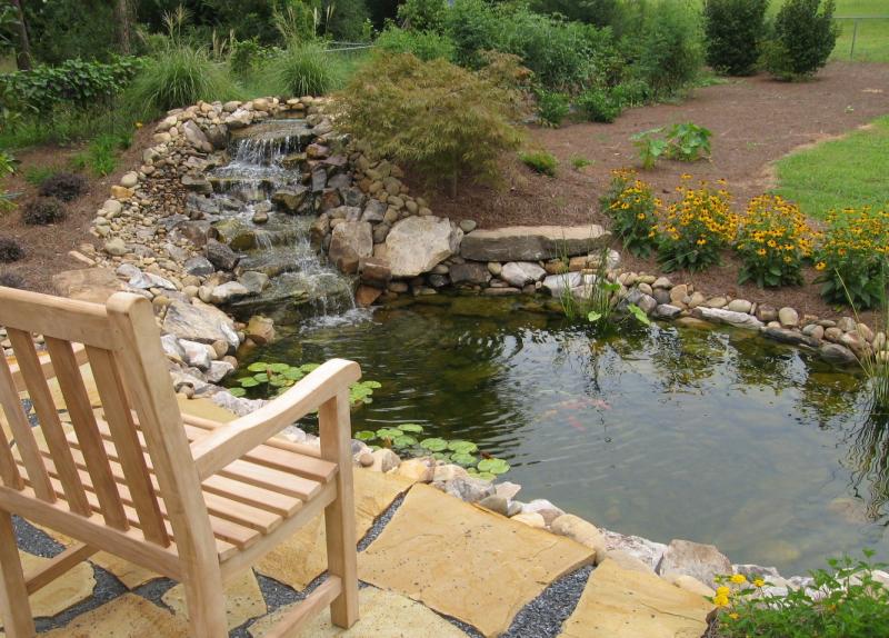 Small pond next to patio